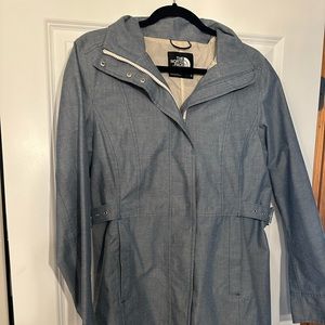 North face hip-length rain coat.  Blue/grey.  Women’s Perfect weight for Spring.